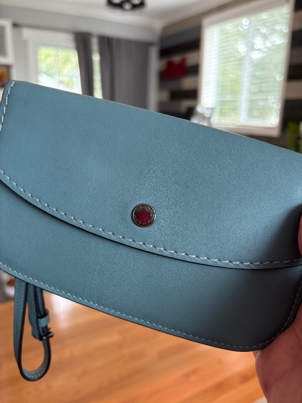 Coach Seafoam Blue Leather Crossbody Clutch Wristlet Bag